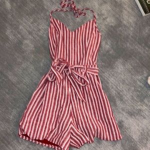 Cute striped hollister romper size xs! halter top with tie waist; light red